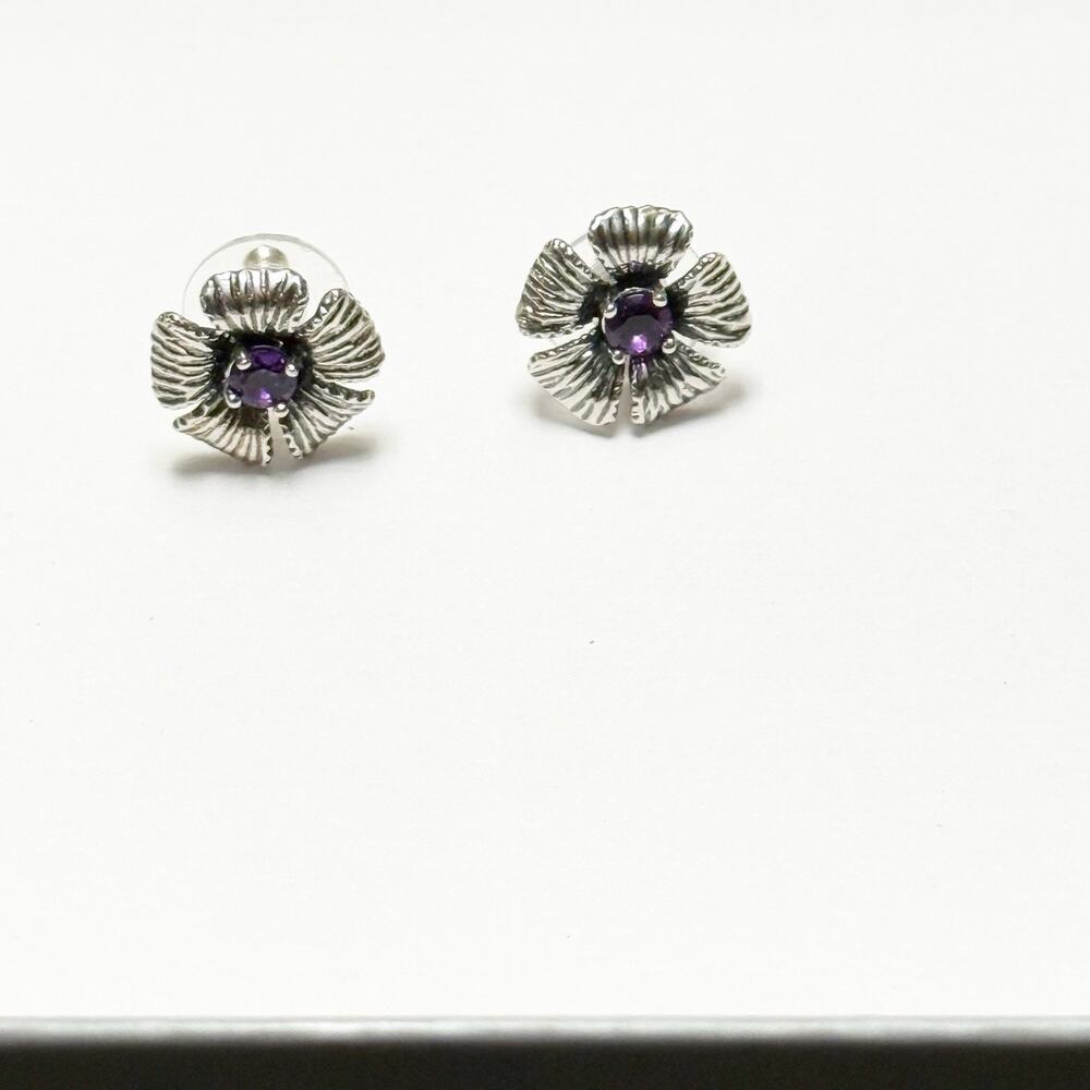 Or Paz Sterling Silver 925 Amethyst Flower Stud Earrings Made Israel PZ New